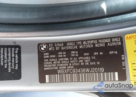 2008 BMW X3 3.0Si z USA, uszkodzony, nr VIN WBXPC93438WJ20119